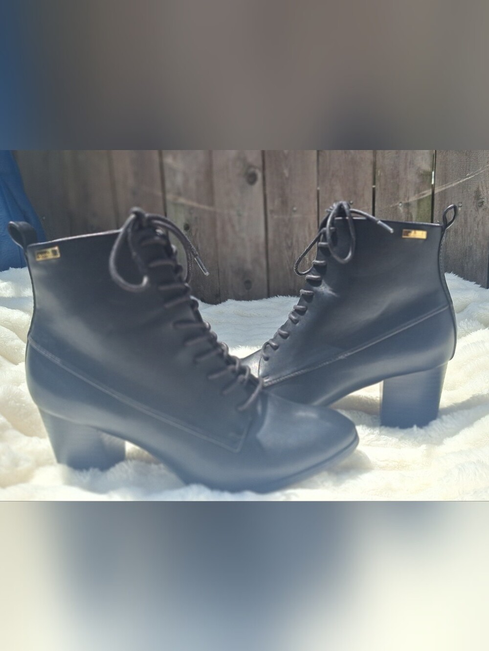 Calvin Klein Black Lace-Up Block Heel Ankle Boots with Gold Accent